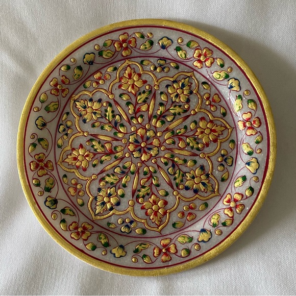 GORGEOUS Floral Motif Marble Hand Painted Gold Leaf Decorative Plate - Picture 2 of 7